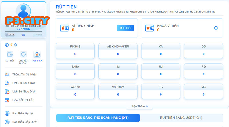 Nhấn vào mục "Rút Tiền" trên giao diện chính của P3.